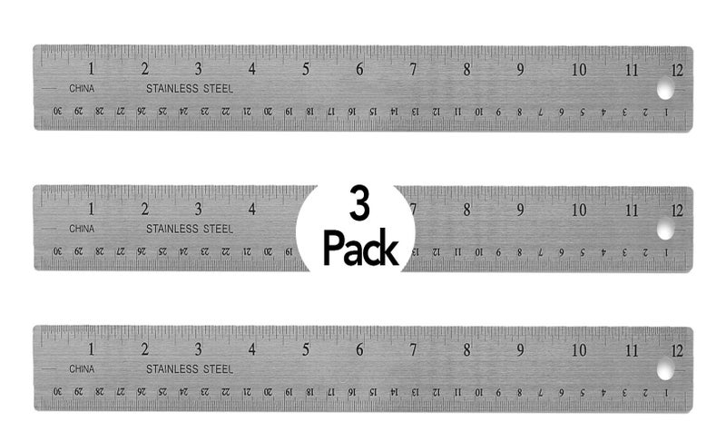 Stainless Steel Rulers, Nonslip Skidbase Metal Ruler, 12" Length - Easy to Read Inch & cm & mm - Perfect for School, Office, Architect, Engineers, Craft - 3 Pack
