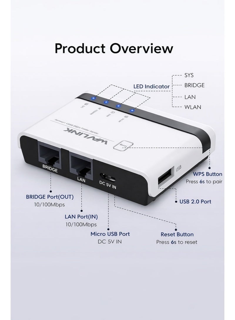 واف لينك خادم طباعة لاسلكي USB - منفذان USB 2.0، شبكة محلية بسرعة 100 ميجابت في الثانية، وضع واي فاي ووضع الجسر، متوافق مع ويندوز وماك، يدعم طابعات RAW - Image 2