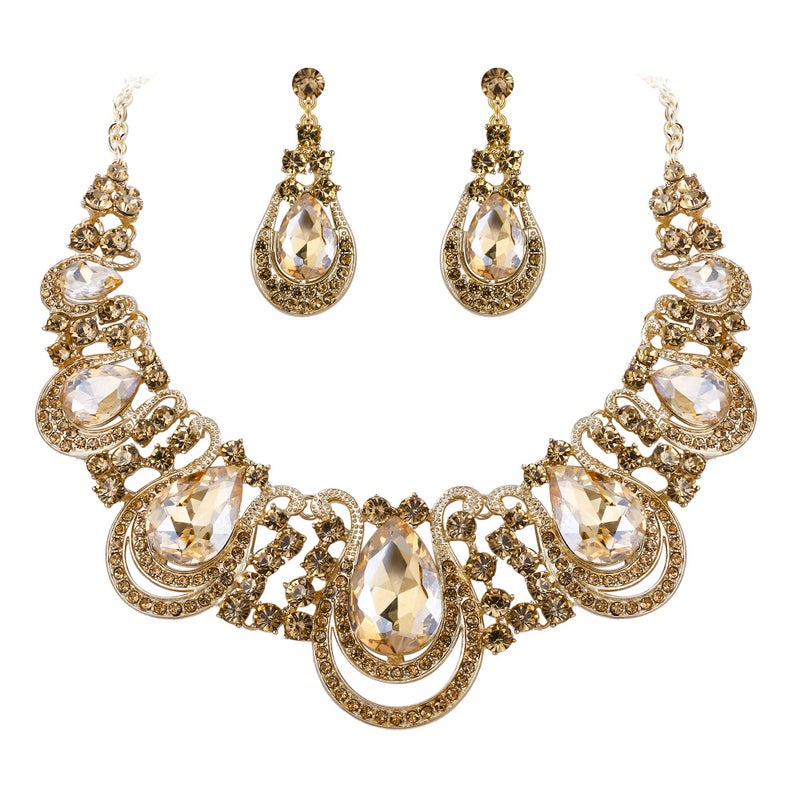 BriLove Costume Fashion Jewelry Set for Women Crystal Teardrop Hollow Scroll Statement Necklace Dangle Earrings Champagne - Image 1