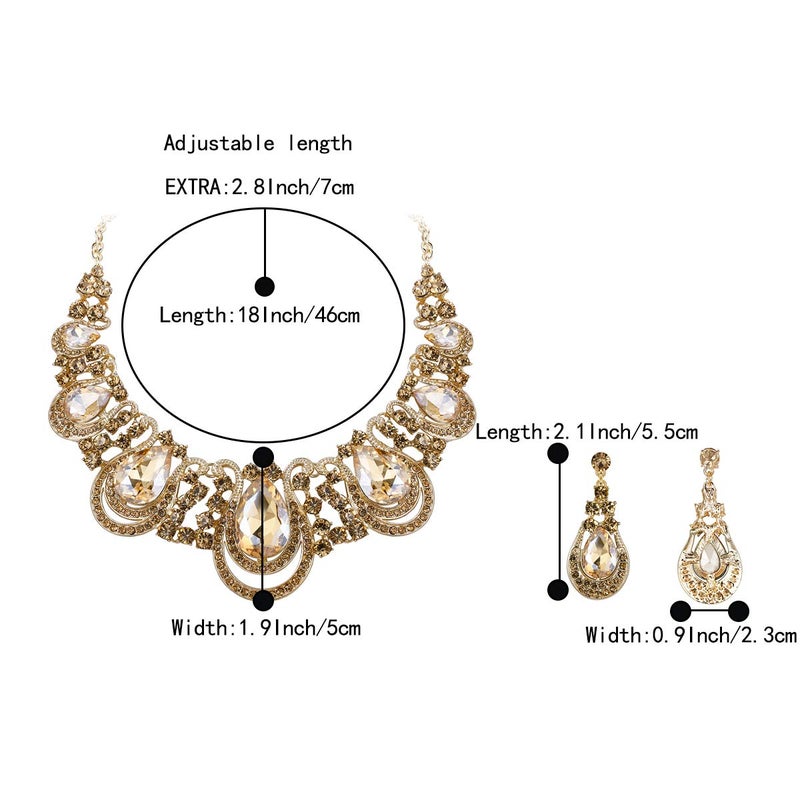 BriLove Costume Fashion Jewelry Set for Women Crystal Teardrop Hollow Scroll Statement Necklace Dangle Earrings Champagne - Image 4