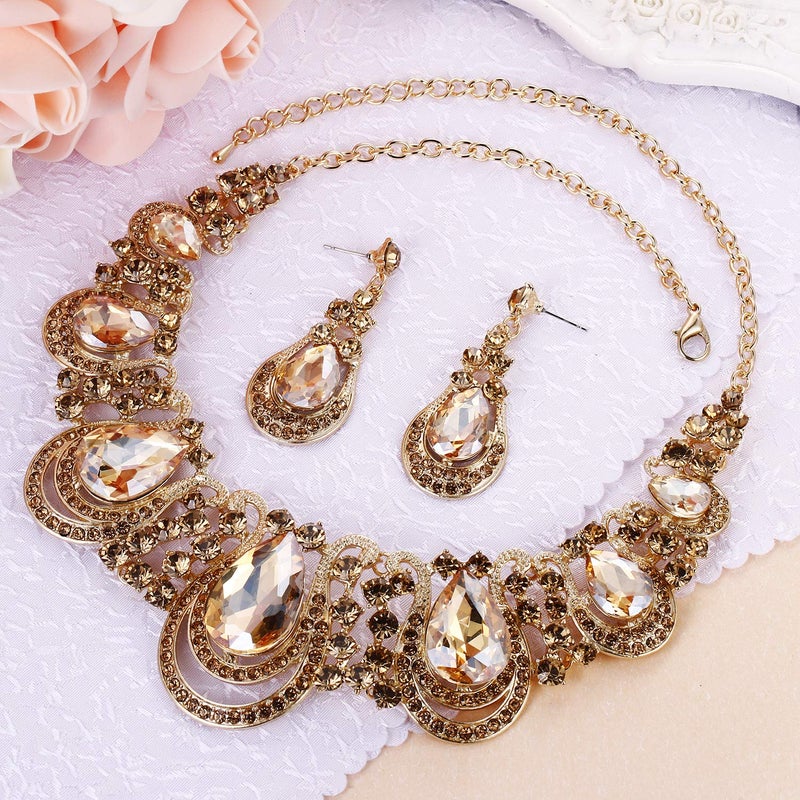 BriLove Costume Fashion Jewelry Set for Women Crystal Teardrop Hollow Scroll Statement Necklace Dangle Earrings Champagne - Image 3
