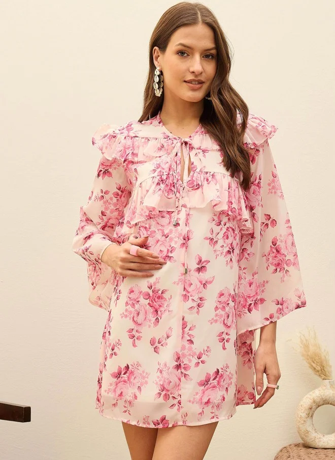SASSAFRAS Floral Printed Georgette Mini Dress for Women