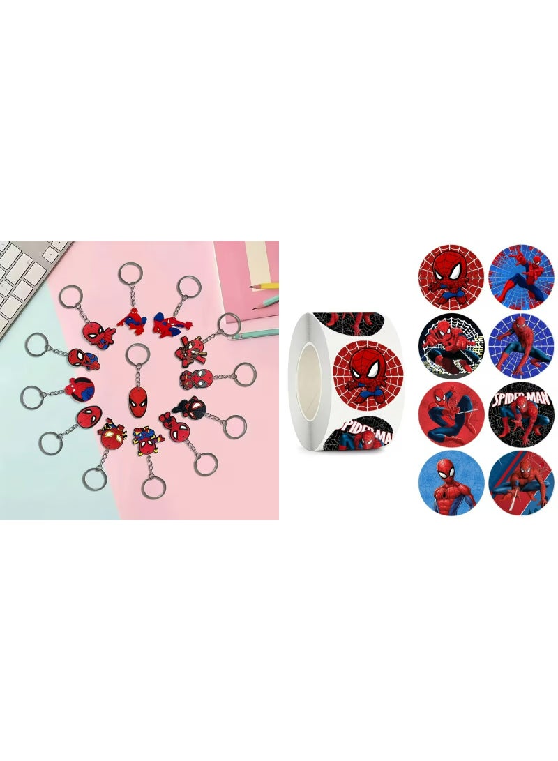 Spiderman themed party favors set with a 500 pcs sticker roll and 13 pcs keychains great fro return gifts party favors birthday party