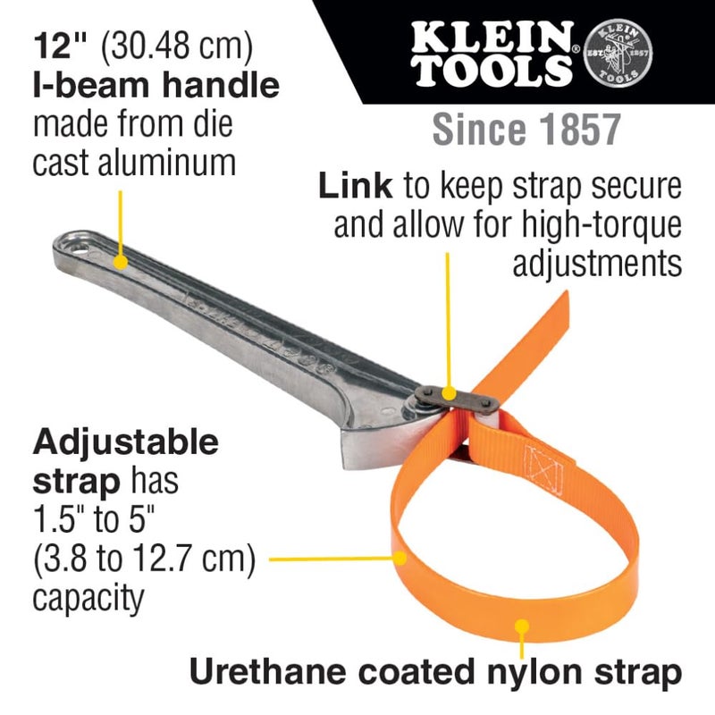 Klein Tools S12HB Strap Wrench, Adjustable Grip-It Strap Wrench Adjusts 1-1/2 to 5-Inch, 12-Inch Handle - Image 2