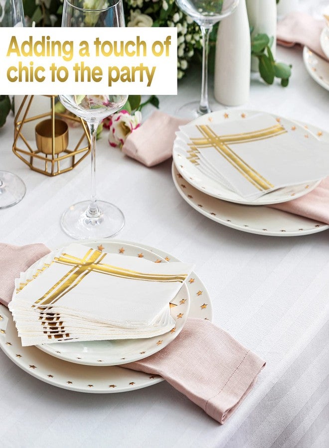 TaoBary 400 Pcs Gold Napkins 3 Ply Cocktail Napkins Folded 5 x 5 Inch Bar Foil Trim Stripe Paper Disposable Beverage Party Decorations for Wedding Baby Shower Birthday Formal Dinner(White and Gold) - Image 4