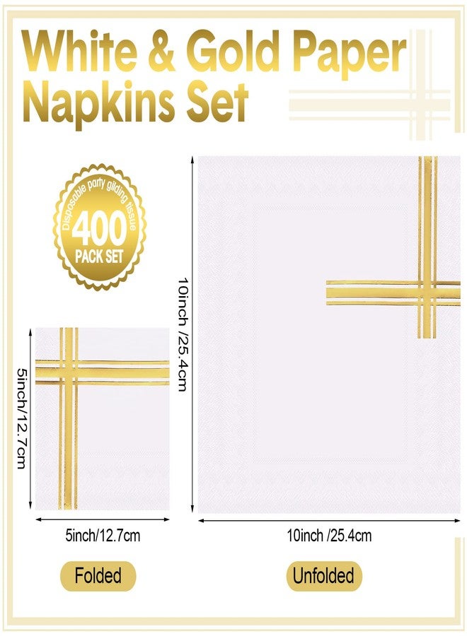 TaoBary 400 Pcs Gold Napkins 3 Ply Cocktail Napkins Folded 5 x 5 Inch Bar Foil Trim Stripe Paper Disposable Beverage Party Decorations for Wedding Baby Shower Birthday Formal Dinner(White and Gold) - Image 2