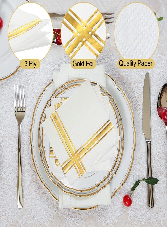 TaoBary 400 Pcs Gold Napkins 3 Ply Cocktail Napkins Folded 5 x 5 Inch Bar Foil Trim Stripe Paper Disposable Beverage Party Decorations for Wedding Baby Shower Birthday Formal Dinner(White and Gold) - Image 3