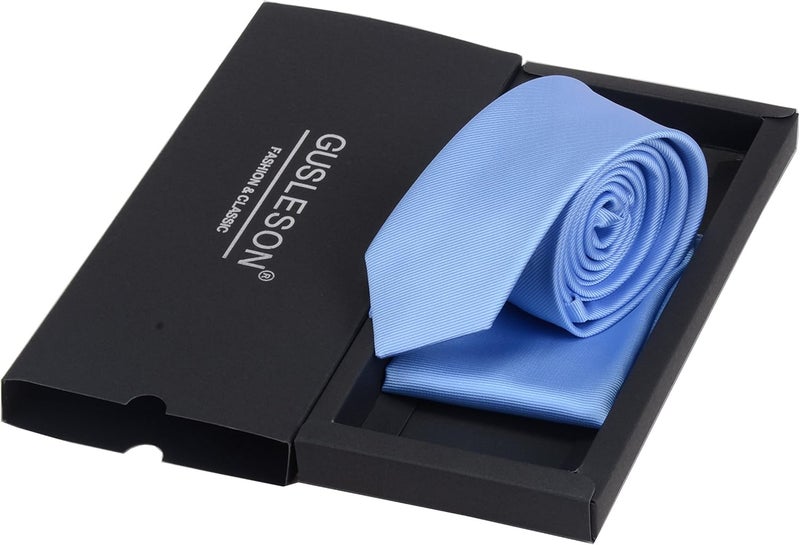 GUSLESON 2.4" Slim Necktie and Handkerchief Set For Men Solid Skinny Tie Set - Image 3