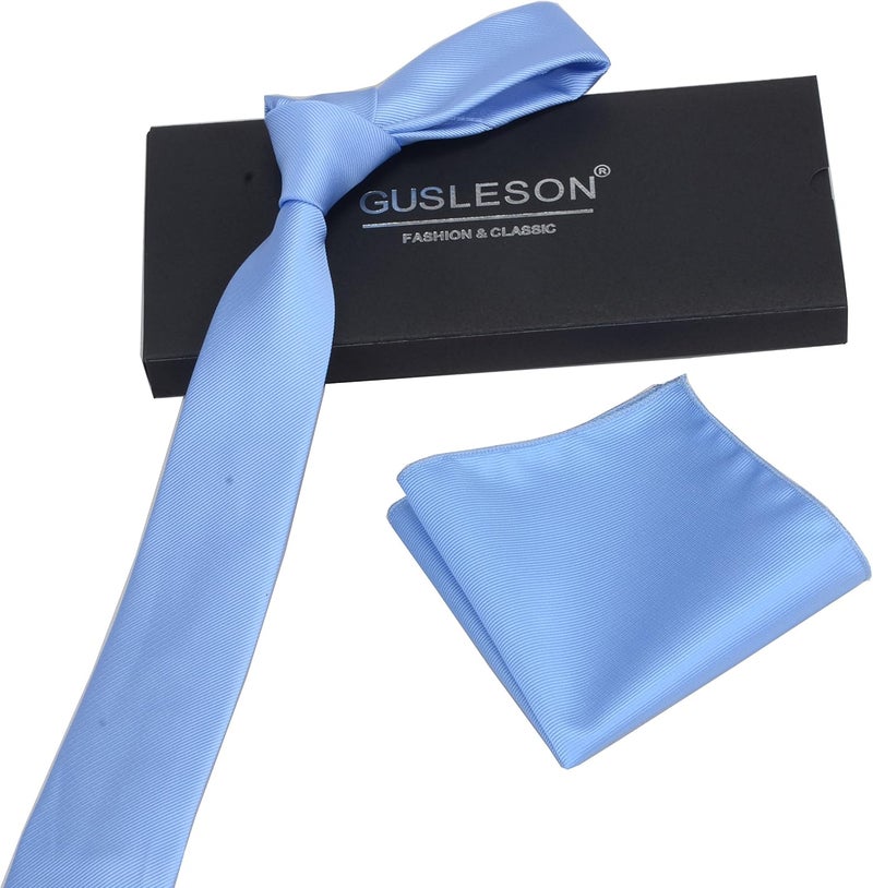 GUSLESON 2.4" Slim Necktie and Handkerchief Set For Men Solid Skinny Tie Set - Image 2
