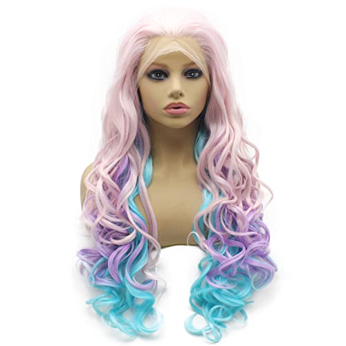 iwonawig Iewig Long Wavy Swiss Heat Friendly Wig Natural Looking Synthetic Lace Front Pink Blue Purple Three Tone Wig - Image 2