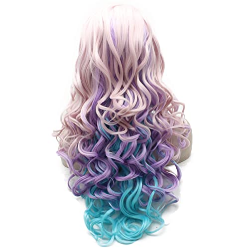 iwonawig Iewig Long Wavy Swiss Heat Friendly Wig Natural Looking Synthetic Lace Front Pink Blue Purple Three Tone Wig - Image 5