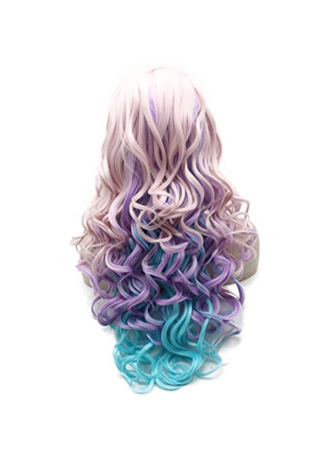 iwonawig Iewig Long Wavy Swiss Heat Friendly Wig Natural Looking Synthetic Lace Front Pink Blue Purple Three Tone Wig - Image 4
