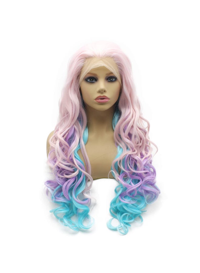 iwonawig Iewig Long Wavy Swiss Heat Friendly Wig Natural Looking Synthetic Lace Front Pink Blue Purple Three Tone Wig - Image 3