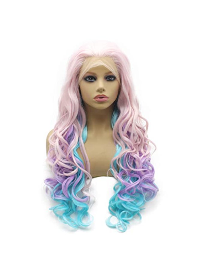iwonawig Iewig Long Wavy Swiss Heat Friendly Wig Natural Looking Synthetic Lace Front Pink Blue Purple Three Tone Wig - Image 1