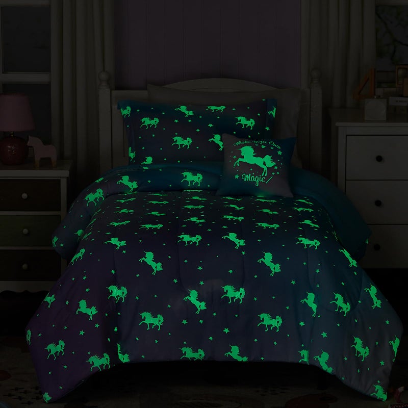 Wink Deer Full Size Comforter Set for Girls-4 Pieces Unicorn Glow in The Dark Full Bedding Sets for Kids, 1 Comforter, 2 Shams and 1 Decor Pillow - Image 2