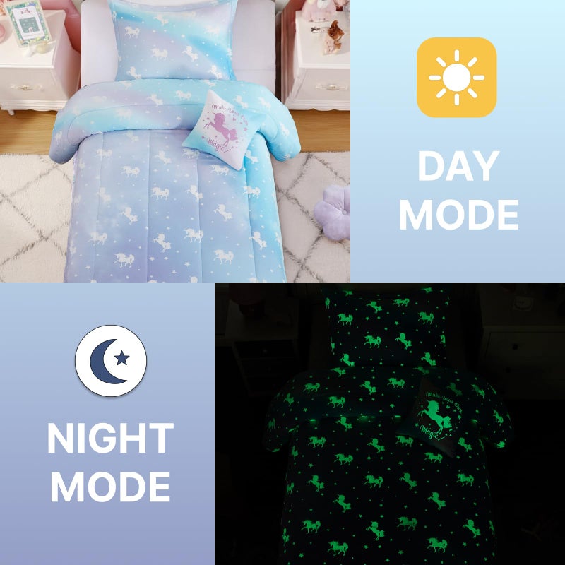 Wink Deer Full Size Comforter Set for Girls-4 Pieces Unicorn Glow in The Dark Full Bedding Sets for Kids, 1 Comforter, 2 Shams and 1 Decor Pillow - Image 5