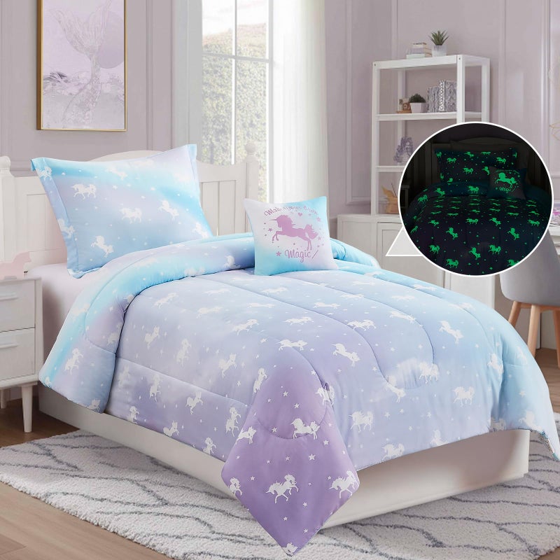 Wink Deer Full Size Comforter Set for Girls-4 Pieces Unicorn Glow in The Dark Full Bedding Sets for Kids, 1 Comforter, 2 Shams and 1 Decor Pillow - Image 3