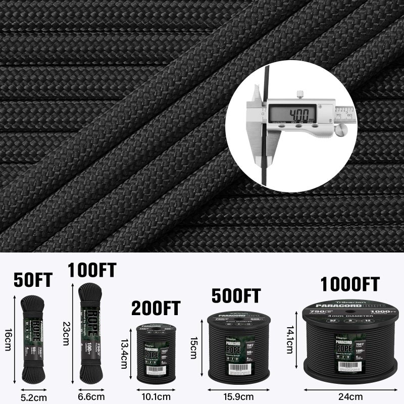 TRIBERION Paracord Rope 750 lb - 1000ft / 500ft / 200ft / 100ft 5/32" Parachute Cord 4MM 12-Strand para Cord - Heavy Duty Spool String for Survival,Camping Gear, Survival Bracelet, Clothesline - Image 5
