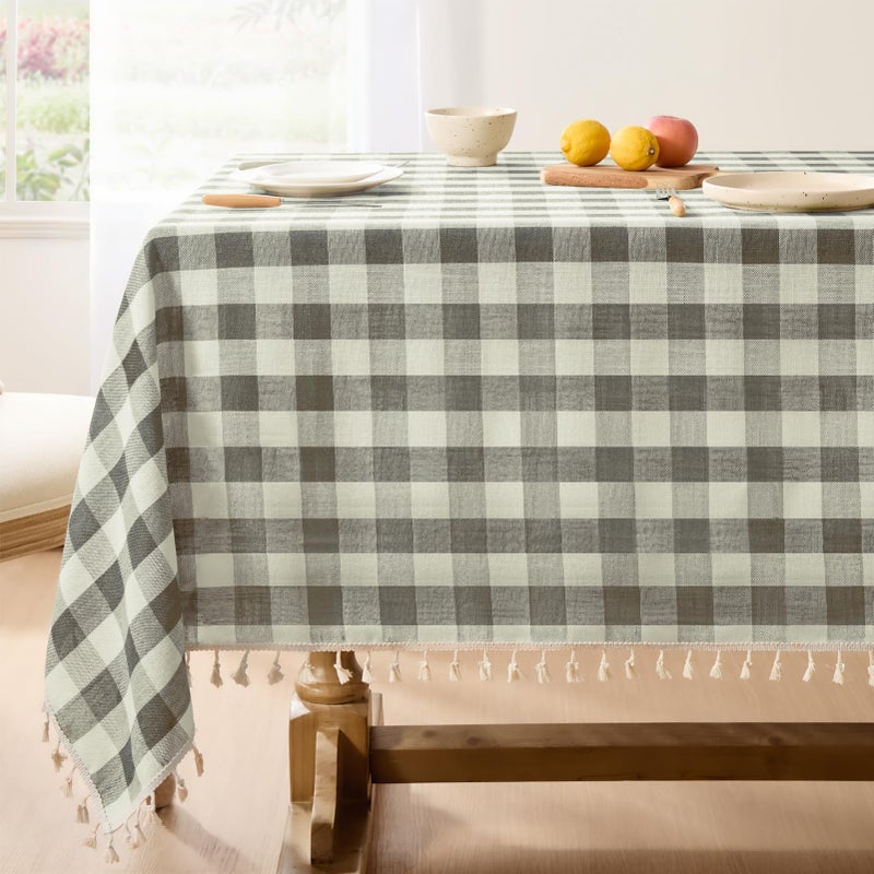 Softalker Checkered Tablecloth Rectangle, Outdoor Linen Cotton Gingham Table Cloth with Tassel, Heavy Duty Wrinkle Free Buffalo Plaid Table Cover for Kitchen Dining Home Party - 55 x 84 Inch, Coffee - Image 1