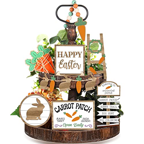 Jetec 12 Pcs Easter Tiered Tray Decor Wooden Carrot Patch Bunny Egg Tiered Tray Items Happy Easter Signs for Spring Home Farmhouse Rustic Kitchen Decorations Wooden Bunny - Image 1