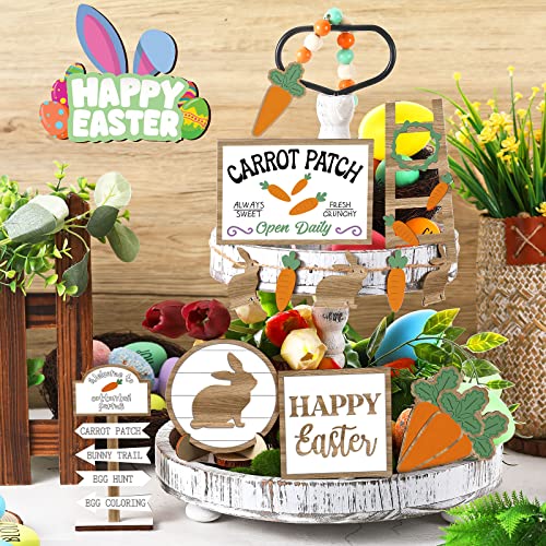 Jetec 12 Pcs Easter Tiered Tray Decor Wooden Carrot Patch Bunny Egg Tiered Tray Items Happy Easter Signs for Spring Home Farmhouse Rustic Kitchen Decorations Wooden Bunny - Image 3