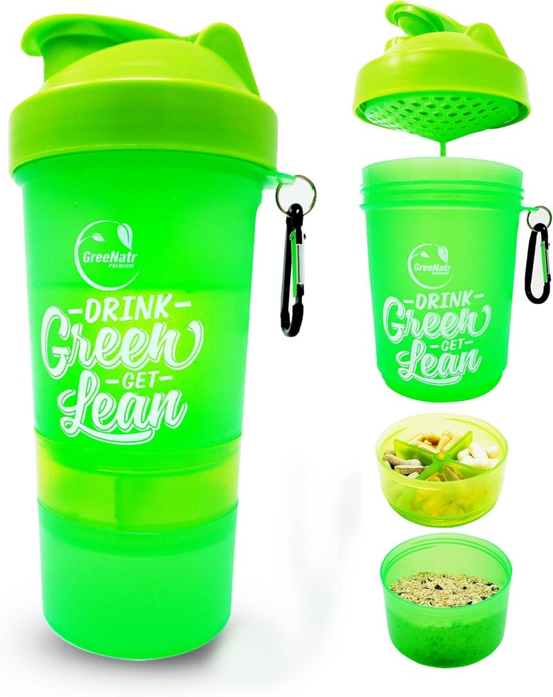 GreeNatr Shaker Bottle with Stackable Compartments - 22 Ounce Bottle + Pill Organizer + 2 Storage Compartments