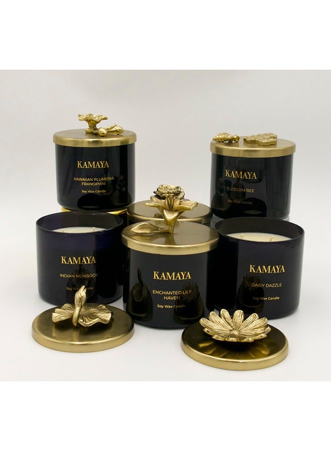 KAMAYA 3 wick scented jar Soy wax candle with Handmade lid with a metal motif -400 gms | Floral Honeysuckle fragrance | In a beautiful bright color gift box | Perfect for gifting on occasions - Image 4