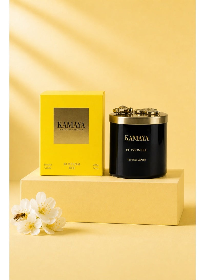 KAMAYA 3 wick scented jar Soy wax candle with Handmade lid with a metal motif -400 gms | Floral Honeysuckle fragrance | In a beautiful bright color gift box | Perfect for gifting on occasions - Image 1