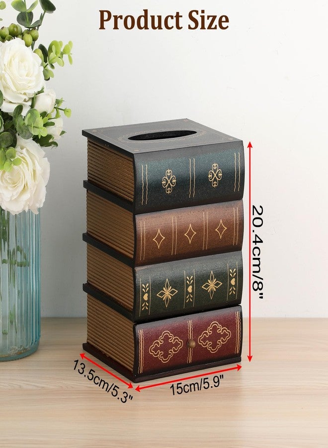 Hoowen Antique Wooden Book Tissue Holder with Storage Drawer, Square Tissue Box Cover Decorative Tissue Dispenser Case Retro Vintage Library Decor for Table Desk Bathroom Living Room Office - Image 4