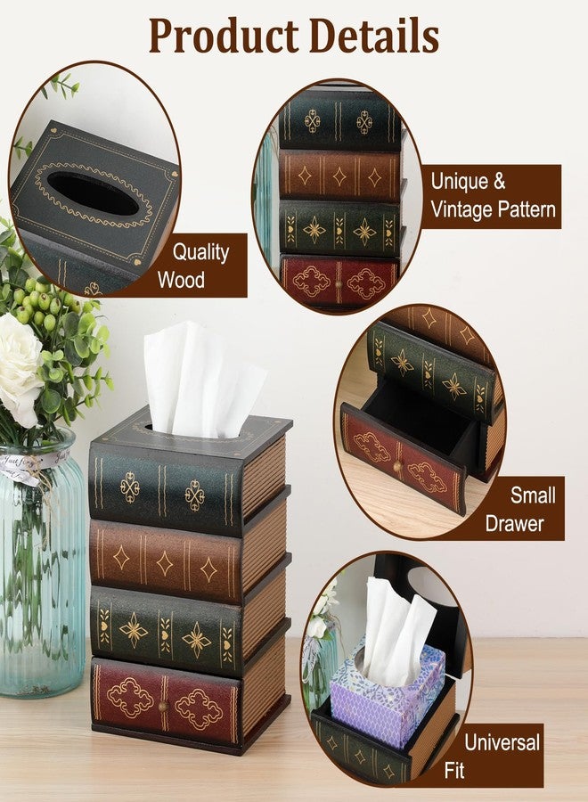 Hoowen Antique Wooden Book Tissue Holder with Storage Drawer, Square Tissue Box Cover Decorative Tissue Dispenser Case Retro Vintage Library Decor for Table Desk Bathroom Living Room Office - Image 5