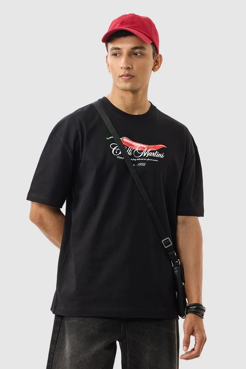 SNITCH Black Graphic Half Sleeve Oversized T-Shirt