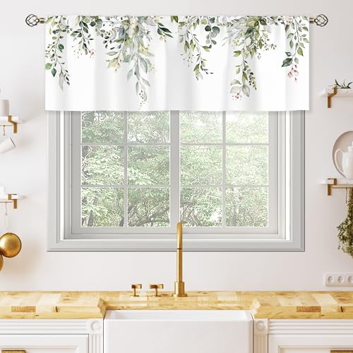 oolygoo Sage Green Eucalyptus Leavses Valances Kitchen Curtains Watercolor Floral Flower Plants Botanical Farmhouse for Women Ptetty Bedroom Living Room Treatment Tier Fabric 1 Panel 52Wx18H Inch - Image 1