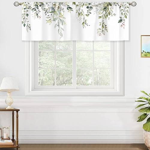 oolygoo Sage Green Eucalyptus Leavses Valances Kitchen Curtains Watercolor Floral Flower Plants Botanical Farmhouse for Women Ptetty Bedroom Living Room Treatment Tier Fabric 1 Panel 52Wx18H Inch - Image 2