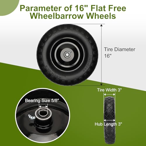 Pontuss Upgraded 16 Flat Free Wheelbarrow Wheels and Tires 4804008 Solid Wheelbarrow Tires with 5834 Bearings1416 Universal Fit Wheelbarrow Wheels for WheelbarrowsGarden Trailer - Image 3