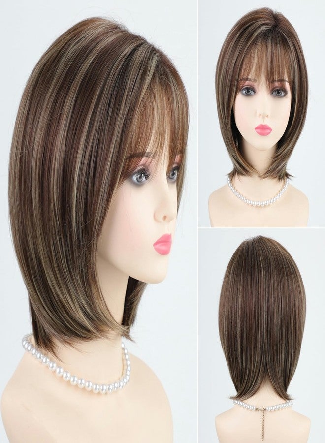 RENERSHOW Ombre Brown with Blonde Highlights Layered Bob Wig with Bangs Medium Length Straight Bob Wigs for Women 12inch Synthetic Natural Looking Daily Party Average Size Wig - Image 1