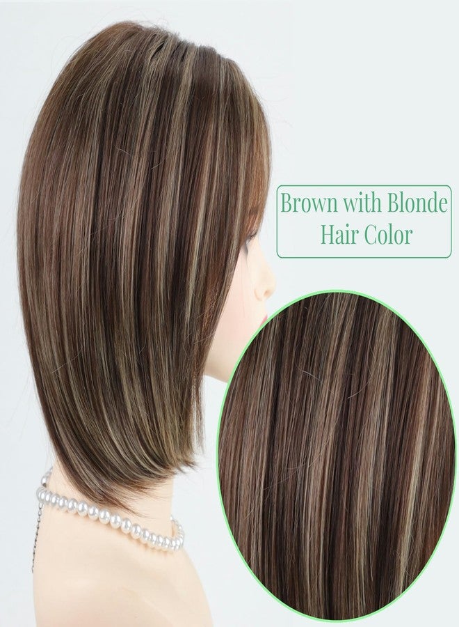 RENERSHOW Ombre Brown with Blonde Highlights Layered Bob Wig with Bangs Medium Length Straight Bob Wigs for Women 12inch Synthetic Natural Looking Daily Party Average Size Wig - Image 4