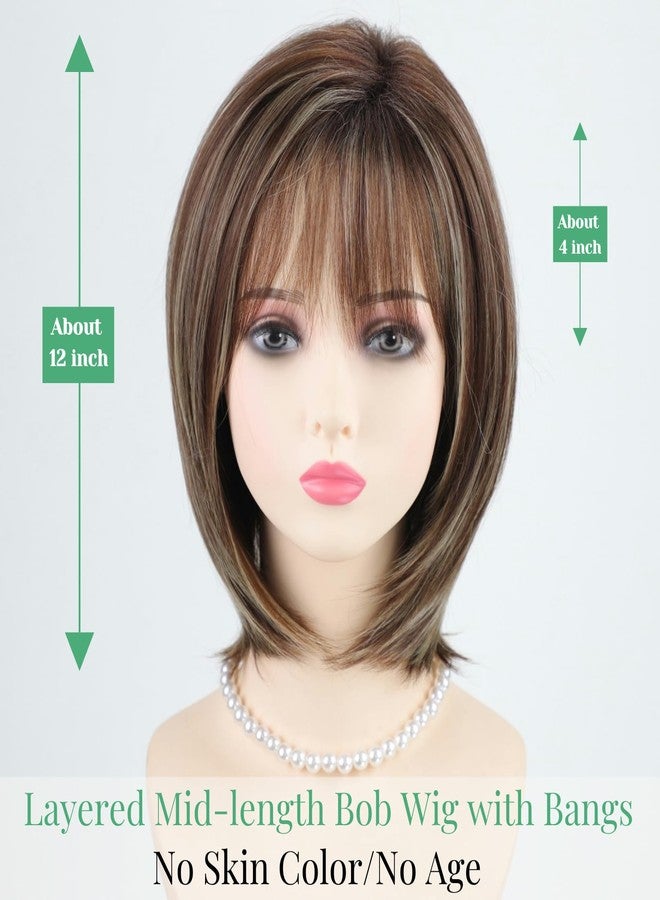 RENERSHOW Ombre Brown with Blonde Highlights Layered Bob Wig with Bangs Medium Length Straight Bob Wigs for Women 12inch Synthetic Natural Looking Daily Party Average Size Wig - Image 2