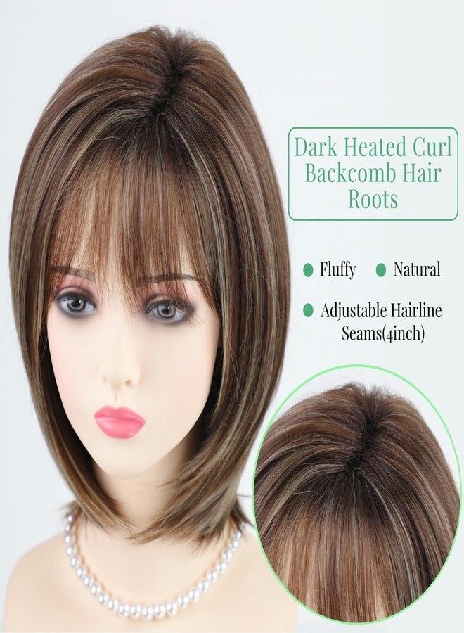 RENERSHOW Ombre Brown with Blonde Highlights Layered Bob Wig with Bangs Medium Length Straight Bob Wigs for Women 12inch Synthetic Natural Looking Daily Party Average Size Wig - Image 5