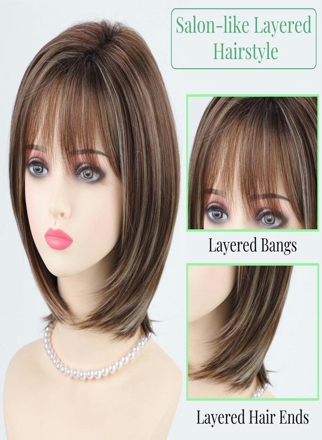 RENERSHOW Ombre Brown with Blonde Highlights Layered Bob Wig with Bangs Medium Length Straight Bob Wigs for Women 12inch Synthetic Natural Looking Daily Party Average Size Wig - Image 3