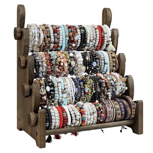 TOPNEW 4 Tier Wooden Bracelet Holder, Scrunchie Bangle Watch Necklace Display Storage Jewelry Holder Stand Display Organizer, Brown - Image 1