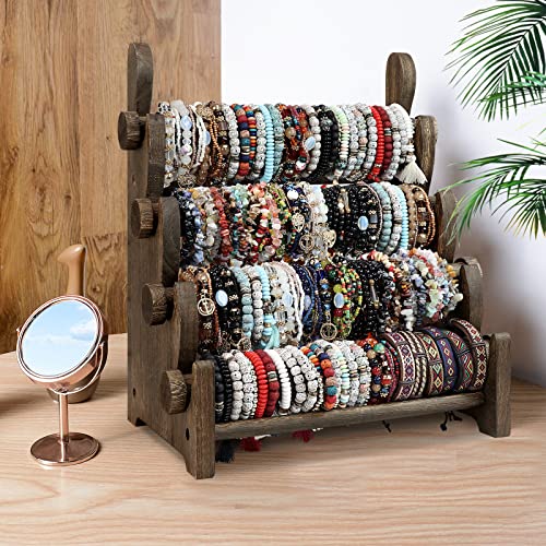 TOPNEW 4 Tier Wooden Bracelet Holder, Scrunchie Bangle Watch Necklace Display Storage Jewelry Holder Stand Display Organizer, Brown - Image 5