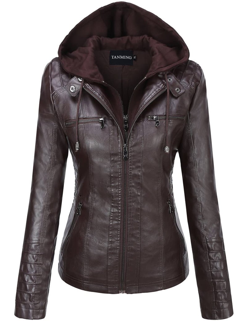 Tanming Womens Faux Leather Jacket Hooded Moto Biker Coat Outerwear Fall Fashion Outfits Winter Clothes - Image 1