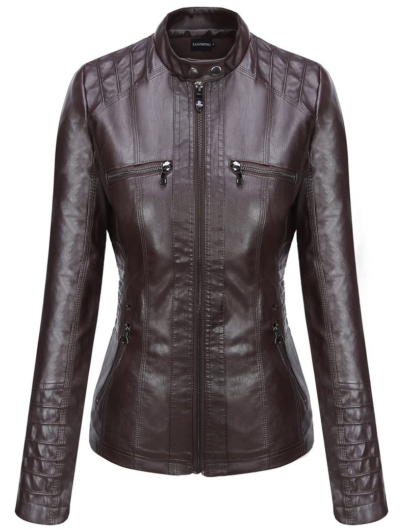 Tanming Womens Faux Leather Jacket Hooded Moto Biker Coat Outerwear Fall Fashion Outfits Winter Clothes - Image 4