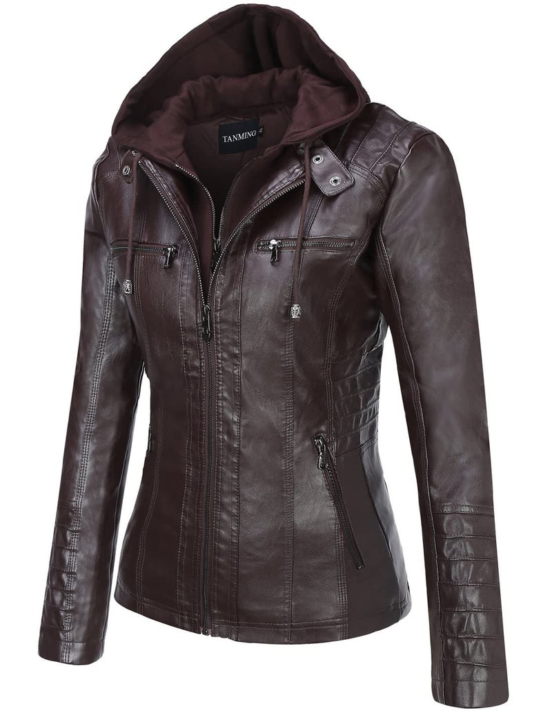 Tanming Womens Faux Leather Jacket Hooded Moto Biker Coat Outerwear Fall Fashion Outfits Winter Clothes - Image 5