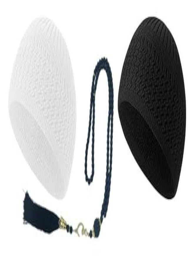 Mirfa Namaz Cotton Topi, Knit Kufi Hat Skull Caps for Men Women Muslim Breathable Ramadan Beanie, Tasbih 100 Prayer Beads (Cotton, Black Cap & White Cap with Black Tasbeeh) - Image 1