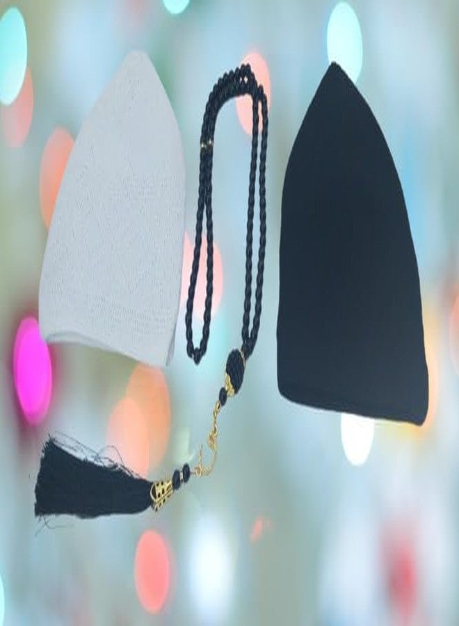 Mirfa Namaz Cotton Topi, Knit Kufi Hat Skull Caps for Men Women Muslim Breathable Ramadan Beanie, Tasbih 100 Prayer Beads (Cotton, Black Cap & White Cap with Black Tasbeeh) - Image 5