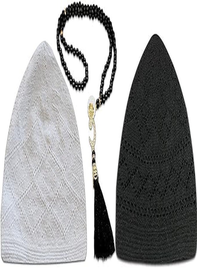 Mirfa Namaz Cotton Topi, Knit Kufi Hat Skull Caps for Men Women Muslim Breathable Ramadan Beanie, Tasbih 100 Prayer Beads (Cotton, Black Cap & White Cap with Black Tasbeeh) - Image 3