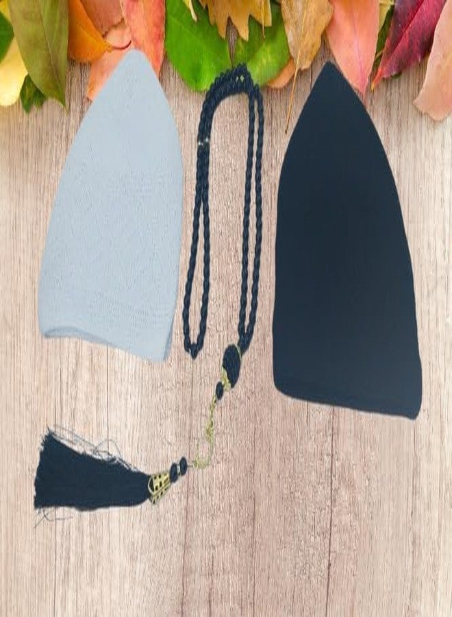 Mirfa Namaz Cotton Topi, Knit Kufi Hat Skull Caps for Men Women Muslim Breathable Ramadan Beanie, Tasbih 100 Prayer Beads (Cotton, Black Cap & White Cap with Black Tasbeeh) - Image 2