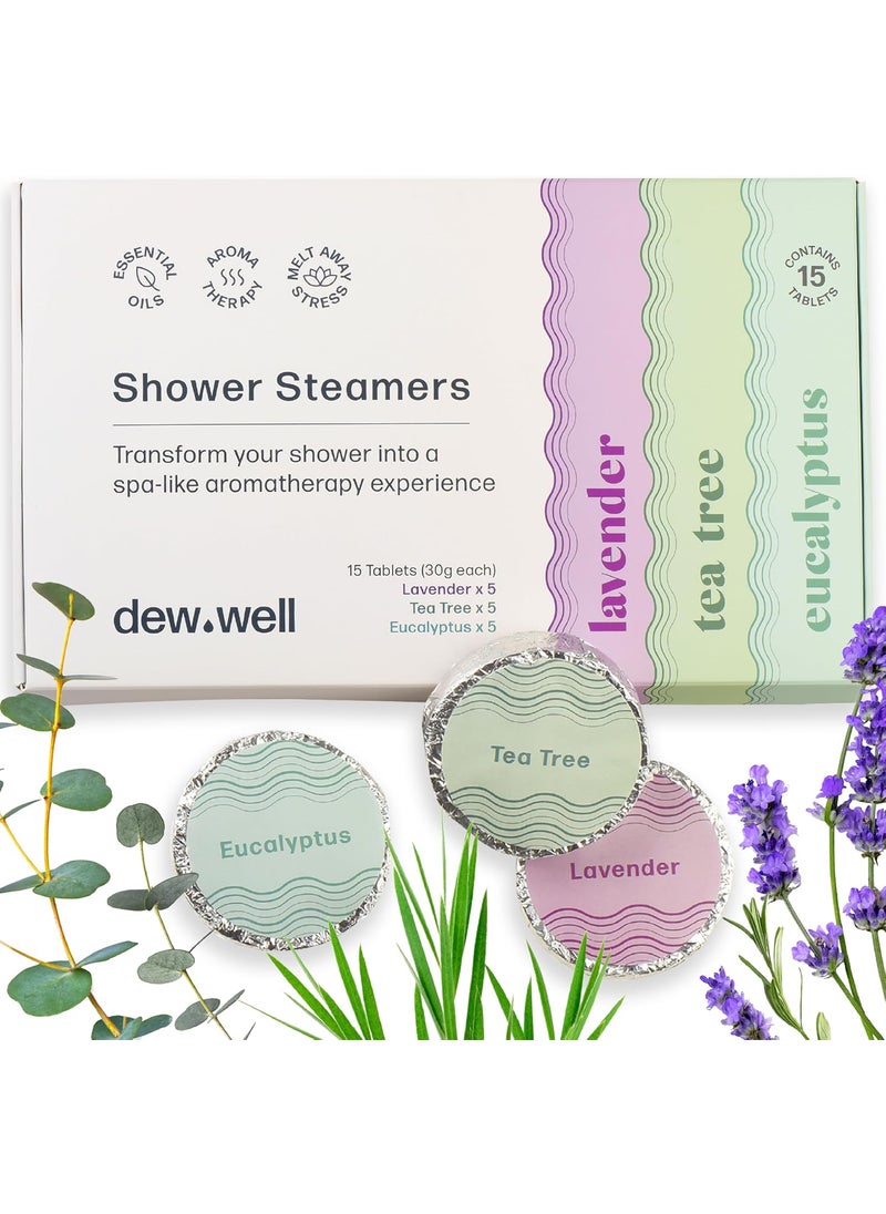Dew Well - Tea Tree Shower Steamers  15 Pack Shower Bomb  Lavender Shower Steamers Aromatherapy  Shower Steamers Tea Tree Variety Pack  Lavender Tea Tree and Eucalyptus Shower Steamers - Image 1