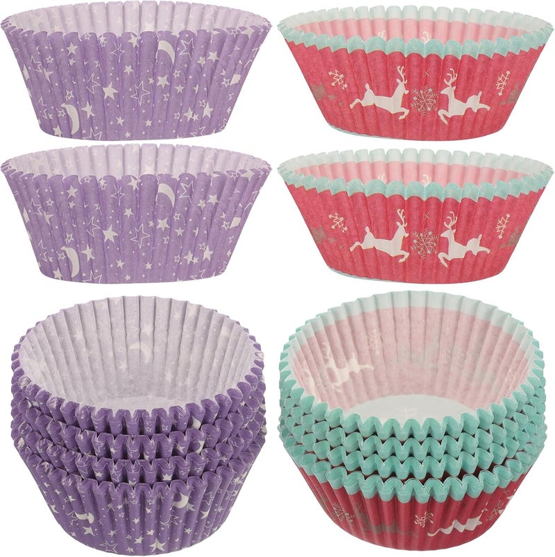 SMASOLO 250pcs Christmas Cupcake Liners Baking Cups Blue Snowflake and Moon Star Design Oilproof Paper Wrappers for Holiday Baking Supplies - Image 1